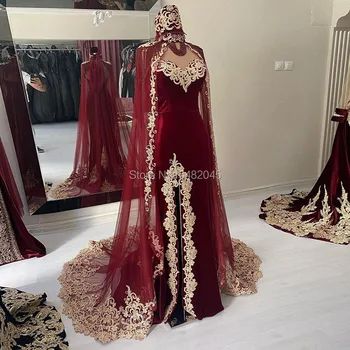 LORIE Marroquino Caftan Vestido de Noite de Ouro Apliques de Renda Manga Borgonha Sereia Veludo árabe Vestidos de Baile Vestido de Festa