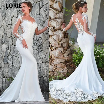 LORIE Sereia Vestidos de Noiva 2020 Turquia Apliques de Laço de Noiva Vestido de Noiva de manga Longa Vestido Feito-Trem da Varredura Plus Size