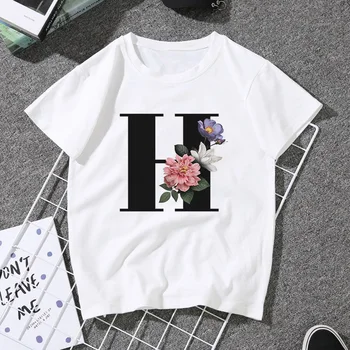 LUSLOS Vogue T-Shirts Para Mulheres de Verão de Manga Curta Alfabeto V Floral Carta de Impressão Estética Camisetas T-shirt de Meninas Streetwear