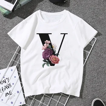 LUSLOS Vogue T-Shirts Para Mulheres de Verão de Manga Curta Alfabeto V Floral Carta de Impressão Estética Camisetas T-shirt de Meninas Streetwear