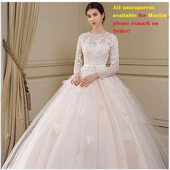 Lace vestido de noiva até O PESCOÇO vestidos de noiva de MANGA LONGA PLUS SIZE cerimônia de aniversário Muçulmano VESTIDO de casamento de trem
