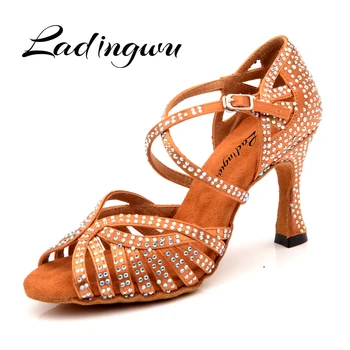 Ladingwu NOVA Dança Sapatos de Mulher latina Laser de cristal de rocha de Bronze de Cetim de Seda Cor de Pele Preta Dança de Salão Sapatos de Dança Salsa Sandália