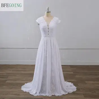 Laço branco Chiffon com Decote em V vestido de Noiva do Assoalho-Comprimento de Uma linha-vestido de Casamento de Trem de Varredura Personalizada feita