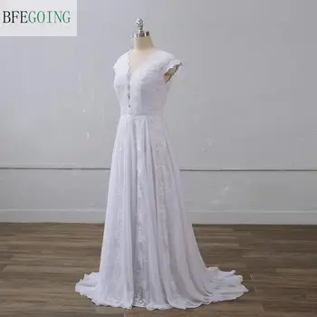 Laço branco Chiffon com Decote em V vestido de Noiva do Assoalho-Comprimento de Uma linha-vestido de Casamento de Trem de Varredura Personalizada feita