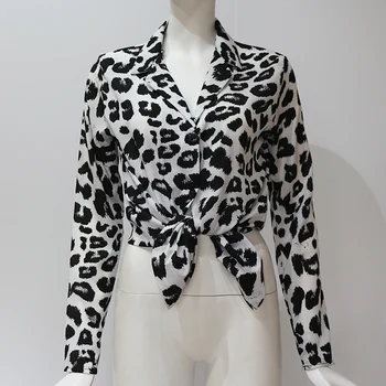 Leopard Print Blusa Mulheres Camisa Tops Primavera, Outono de Manga Longa Plus Size, Senhoras Solta Superior Vintage Vire para baixo do Pescoço do Office Blusas