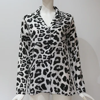 Leopard Print Blusa Mulheres Camisa Tops Primavera, Outono de Manga Longa Plus Size, Senhoras Solta Superior Vintage Vire para baixo do Pescoço do Office Blusas