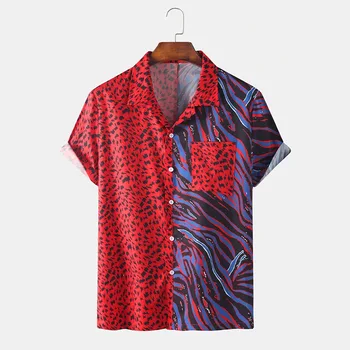 Leopardo selvagem Impresso Camisetas de Verão para os Homens a Moda Hip Hop Mens Camisa de Manga Curta Casual Patchwork Camisa Homme com Bolso