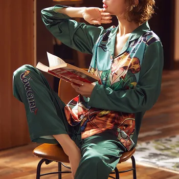 Luxo Impresso Em Cetim De Seda Pijamas Para Mulheres Moda Primavera Conjuntos De Pijama De Manga Longa 2 Pcs Conforto Pijamas Feminino Casual Sleepwear