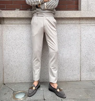 Luxo Versátil E Casual Calças Moda Cor Sólida Calças 2020 Britânico Paris Fivela De Design De Cintura Alta Calça Homens Requintados Luz