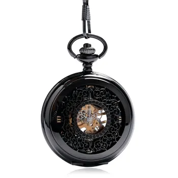 Luxuoso Relógio De Bolso Conjunto Mecânico Mão Do Vento Oca Esqueleto Fob Relógios + Assista Caixa + Assista Bag + Pocket Corrente + Pulseira De Couro