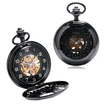 Luxuoso Relógio De Bolso Conjunto Mecânico Mão Do Vento Oca Esqueleto Fob Relógios + Assista Caixa + Assista Bag + Pocket Corrente + Pulseira De Couro