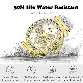 MISSFOX Borboleta Mulheres Relógios de Marca de Luxo de Grande Diamante Ouro 18K Relógio Impermeável Especial Pulseira Caros Senhoras Relógio de Pulso