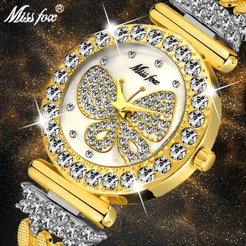 MISSFOX Borboleta Mulheres Relógios de Marca de Luxo de Grande Diamante Ouro 18K Relógio Impermeável Especial Pulseira Caros Senhoras Relógio de Pulso