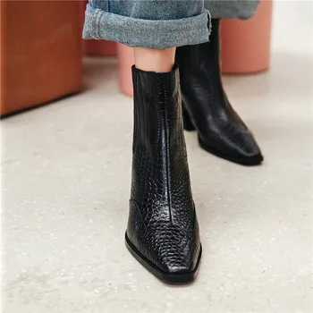 MORAZORA 2020 Nova Marca mulheres botas de couro genuíno botas de salto grosso dedo do pé quadrado simples outono inverno de calçados femininos preto
