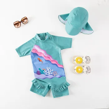 Maiô Menina de Uma Peça com um Chapéu de Proteção UV 50 Bebê trajes de Banho Curto Mangas compridas Impresso Crianças Roupas de Banho Meninas fato de banho