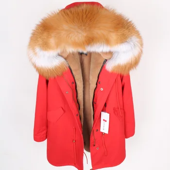 Maomaokong Vermelha das Mulheres Grandes, de Cor Natural de Pele de Raposa Casaco com Capuz Parkas Outwear Longo Destacável do Forro do casaco de inverno