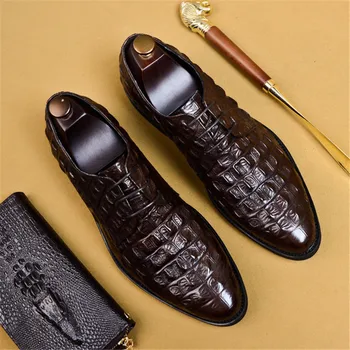 Marca Couro de Grão Integral de Homens de Negócios Sapatos de Vestido Retro Crocodilo Designer Natureza Couro Oxford Sapatos Para Homens de Tamanho UE 38-46