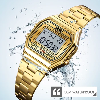 Marca SKMEI Mulheres Relógio Digital de Luxo de Ouro de Aço Inoxidável das Mulheres Relógios de Pulso Cronógrafo Pulseira Relógio Despertador Womens