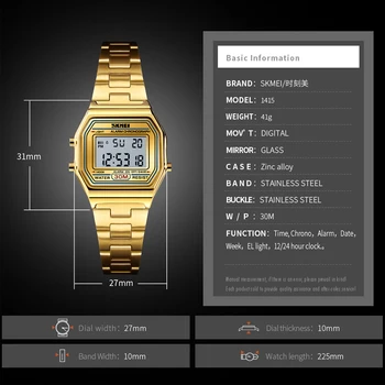 Marca SKMEI Mulheres Relógio Digital de Luxo de Ouro de Aço Inoxidável das Mulheres Relógios de Pulso Cronógrafo Pulseira Relógio Despertador Womens