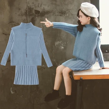 Meninas Blusas de Desgaste de Inverno Novo Imitação de Vison Camisola de Menina das Crianças Vestido de tricô 2Pcs de roupas para Adolescentes conjunto de roupas de Menina 12yrs
