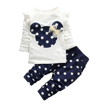 Minnie do Mickey do círculo ponto de Impressão Menina Roupas de Duas peças de Manga comprida T-Shirt Assentamento Camisa+ Calça de roupa desportiva Roupa Roupa do Bebê