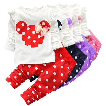 Minnie do Mickey do círculo ponto de Impressão Menina Roupas de Duas peças de Manga comprida T-Shirt Assentamento Camisa+ Calça de roupa desportiva Roupa Roupa do Bebê
