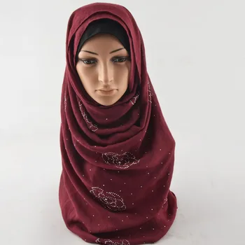 Moda 2018,de Algodão hijab muçulmano,simples hijab com strass,algodão, lenço de cabeça, com tachas,xales, de quebra,simples lenço com pérolas