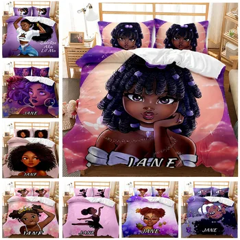 Moda Africana Meninas dos desenhos animados Bonitos Impressão 3D Consolador Conjunto de roupa de Cama Queen Twin Único Tamanho de Capa de Edredão Conjunto Fronha Presentes de Luxo