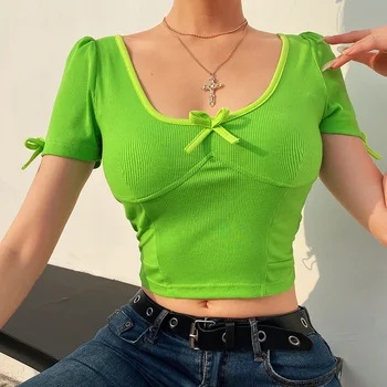 Moda De T-Shirt Tops Mulheres 2020 Verão De Arco Curto De Manga Verde Casual Tendência Slim High Street Feminino Camiseta Senhoras Harajuku Tees