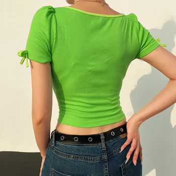 Moda De T-Shirt Tops Mulheres 2020 Verão De Arco Curto De Manga Verde Casual Tendência Slim High Street Feminino Camiseta Senhoras Harajuku Tees
