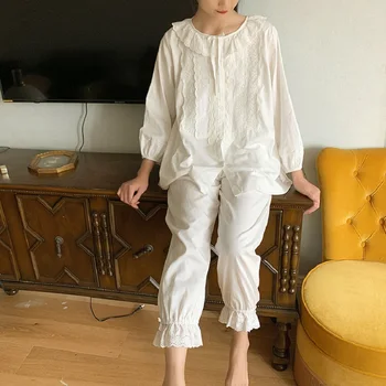 Moda Macio de Algodão Puro Mulheres Casual Branco Floral Pijama Conjuntos Feminino Solta Bonito Pijamas Plus Size