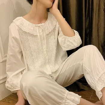 Moda Macio de Algodão Puro Mulheres Casual Branco Floral Pijama Conjuntos Feminino Solta Bonito Pijamas Plus Size