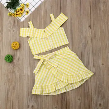 Moda de Criança de Bebê Meninas Xadrez Roupas Ombro Crop Top+tutu Vestido de Roupa