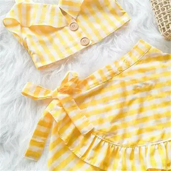 Moda de Criança de Bebê Meninas Xadrez Roupas Ombro Crop Top+tutu Vestido de Roupa