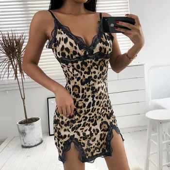 Mulher sleepdress erótico funda vestido lingerie sexy laço estampa de leopardo-de-fenda funda camisola vida em casa vestido de festa de roupas
