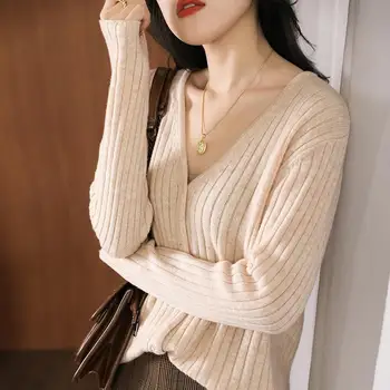 Mulheres Casacos de malha camisola de Malha Sólida V-Pescoço Único Breasted solta Streetwear Cardigan superior 2020 Outono de Novo