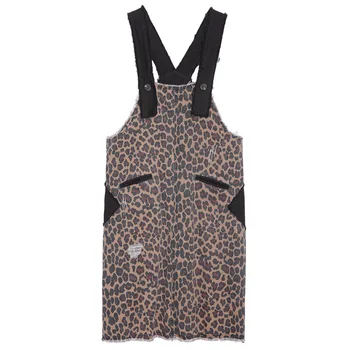 Mulheres Casual Correia Leopard Pinafore Bib Geral de Uma Linha de Vestido de Buraco Remendo de Costura com Bolsos 2020 Moda da Maré
