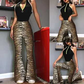 Mulheres De Cintura Alta Largura De Perna Longa Calças Vintage Leopard Listras De Tigre De Impressão Queimado Sino Inferior Trecho Bodycon Calças