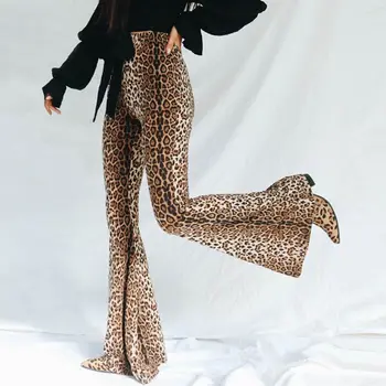 Mulheres De Cintura Alta Largura De Perna Longa Calças Vintage Leopard Listras De Tigre De Impressão Queimado Sino Inferior Trecho Bodycon Calças