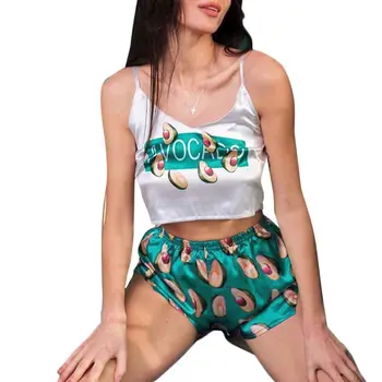 Mulheres Imitação De Seda Do Pijama Conjunto Sem Mangas Camis Superior Shorts Abacate Sleepwear