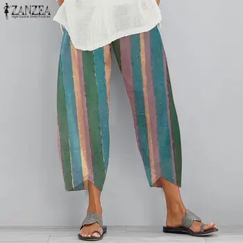 Mulheres Impresso Calças ZANZEA Primavera Calças de Harém de Moda Casual Listrado Longo Pantalon Feminino, Elástico na Cintura Nabo de grandes dimensões