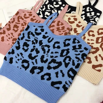 Mulheres Knitting do Tanque de Crop Tops Feminino, Elástico, de Malha de Leopardo Sexy Chic Cortado Camisole Curto sem Mangas T-shirts de Meninas