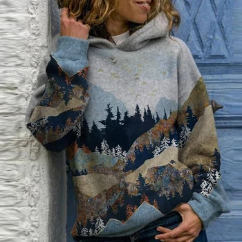 Mulheres Padrão De Impressão De Lã Com Capuz Casaco De Outono Inverno Solta Camisolas Com Capuz Casual Manga Longa Cordão Hoodies Tops