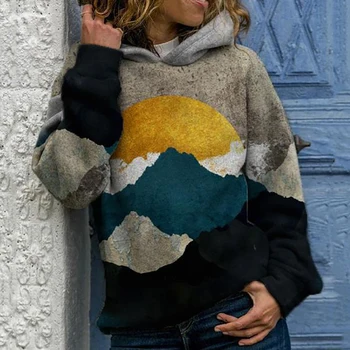 Mulheres Padrão De Impressão De Lã Com Capuz Casaco De Outono Inverno Solta Camisolas Com Capuz Casual Manga Longa Cordão Hoodies Tops