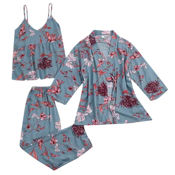 Mulheres Pijama Conjuntos de Pijamas Sexy Lingeries com estampa Floral e de Pijama, Robe Conjunto para Senhoras Feminino da Noite Terno Primavera, Outono Homewear