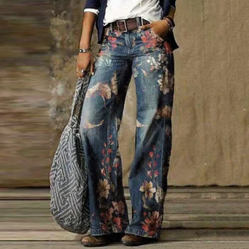 Mulheres Retrô De Cintura Alta Largura De Perna Estampa Floral, Longa Solta Calças Jeans Calças