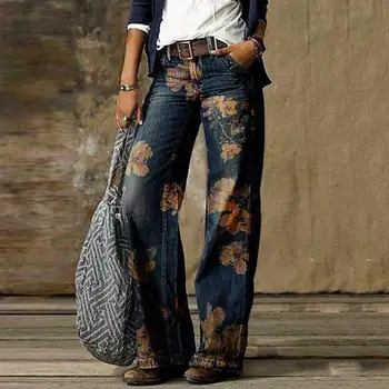 Mulheres Retrô De Cintura Alta Largura De Perna Estampa Floral, Longa Solta Calças Jeans Calças