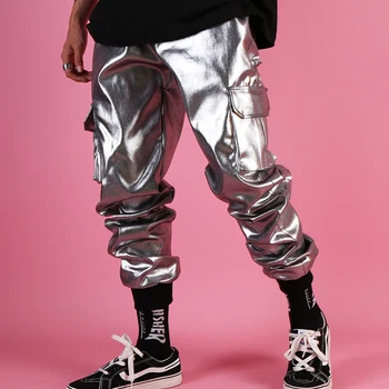 Multi Bolso Carga Calças Fase de Roupas DJ Cantor Calça Homens Casual de Couro Harém Calças Masculinas de Streetwear Hip Hop, Punk Prata
