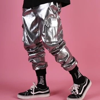 Multi Bolso Carga Calças Fase de Roupas DJ Cantor Calça Homens Casual de Couro Harém Calças Masculinas de Streetwear Hip Hop, Punk Prata