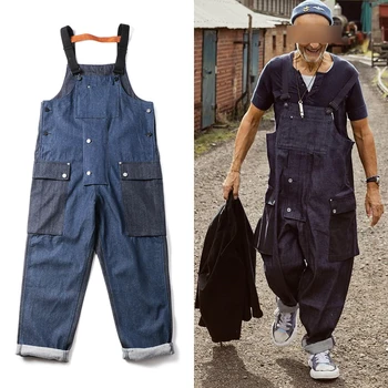 Multi-bolso Ponto de Contraste Macacão Jeans Mens Jeans Vintage Macacão de Trabalho de Carga Calças Largas Calças Jardineiras Moda masculina